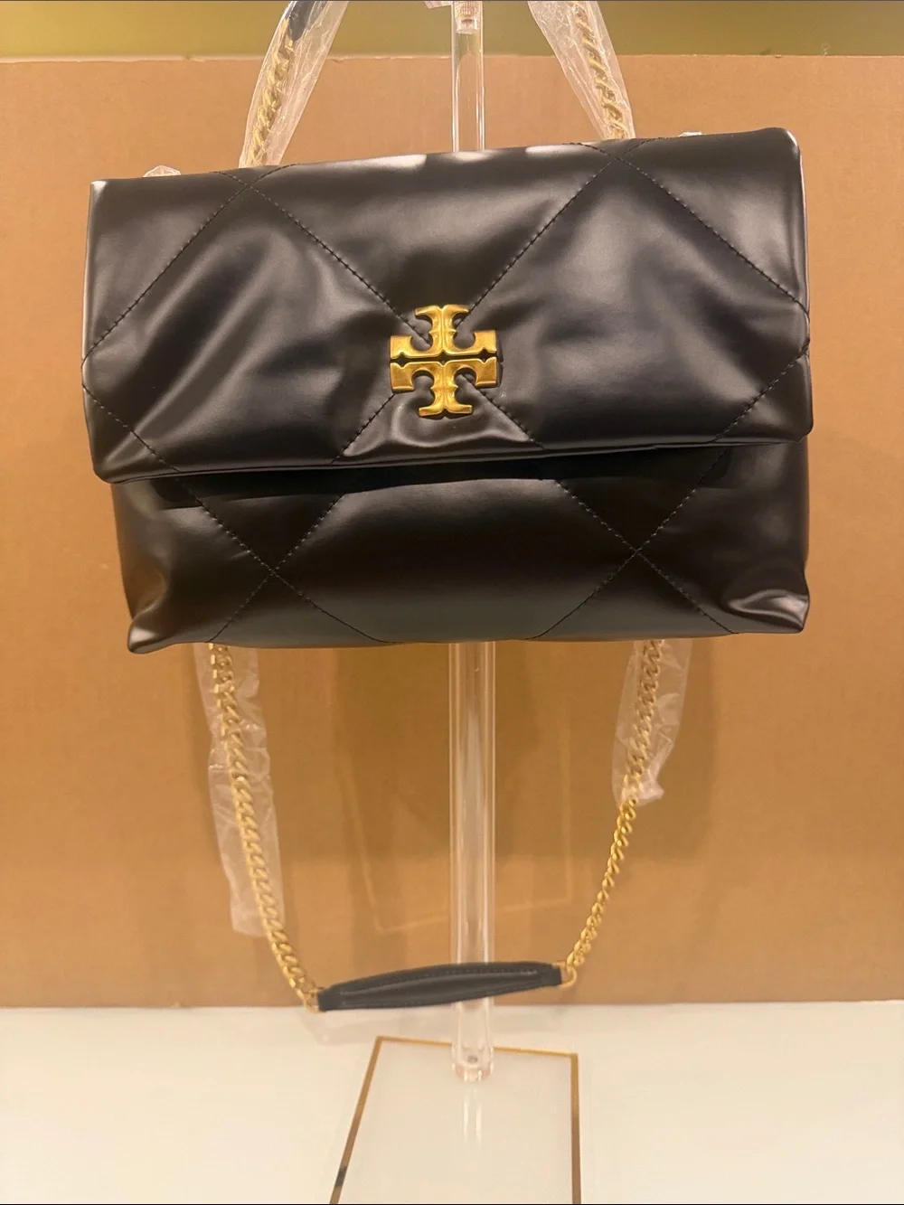 Tory Burch Black Quilted Leather Shoulder Bag with Gold Logo Chain